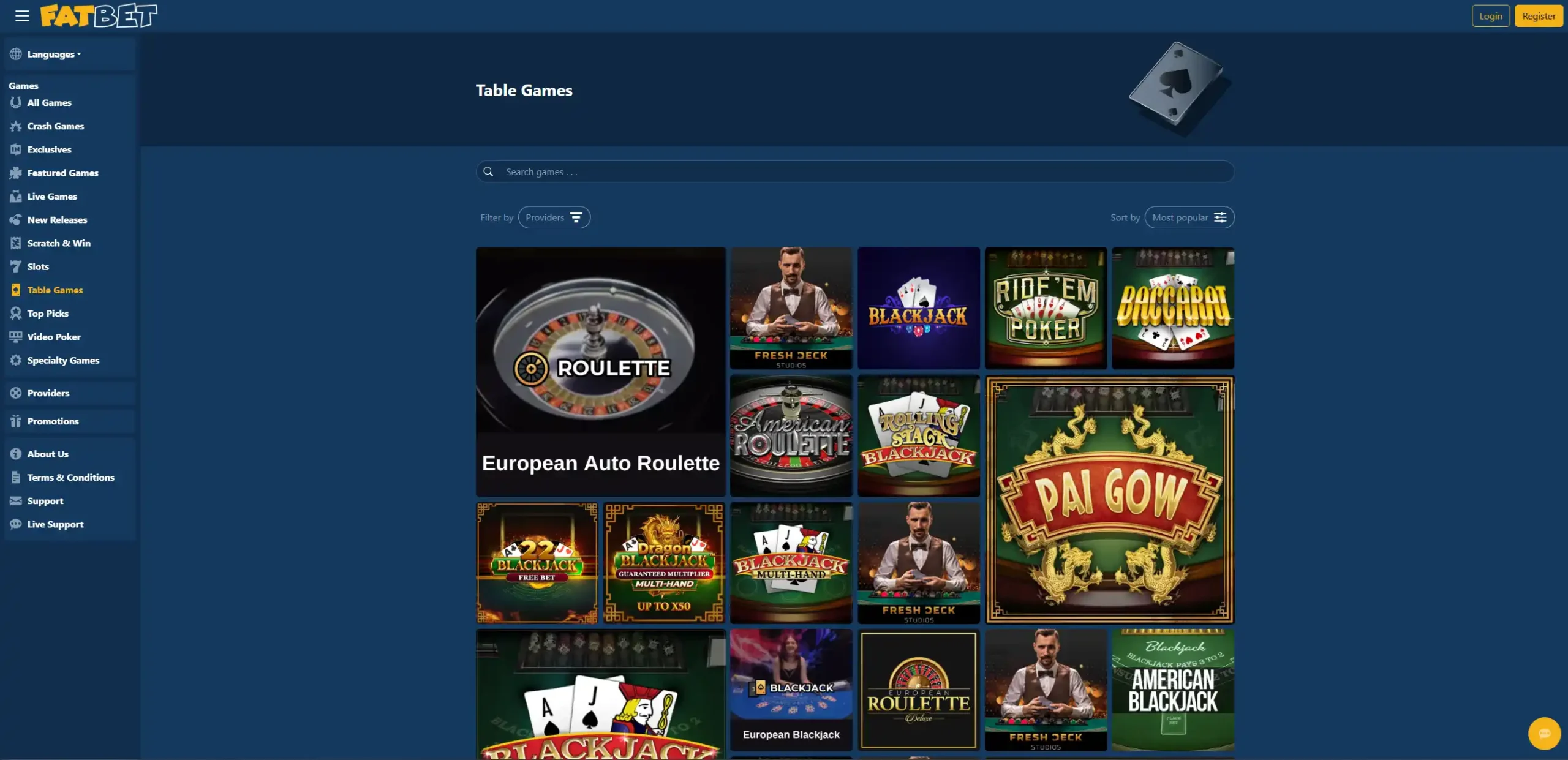 FatBet Casino games lobby with category navigation and game tiles