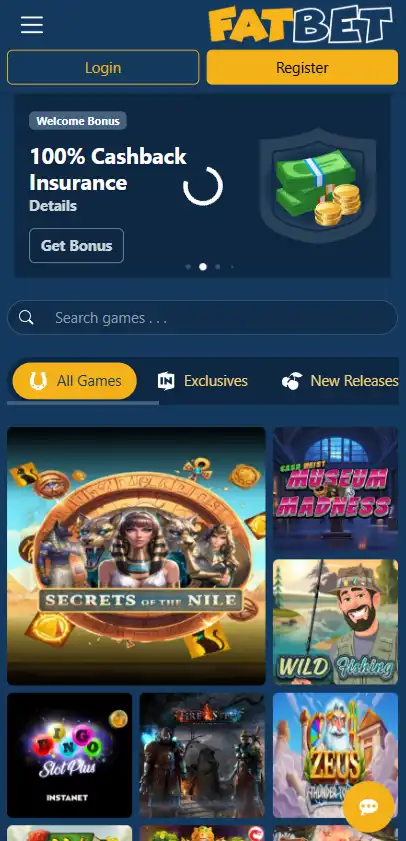 FatBet Casino homepage or lobby displayed in a current mobile browser viewport