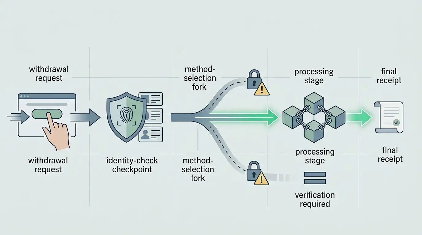 Neutral withdrawal decision flow from request through possible KYC and payment processing to receipt